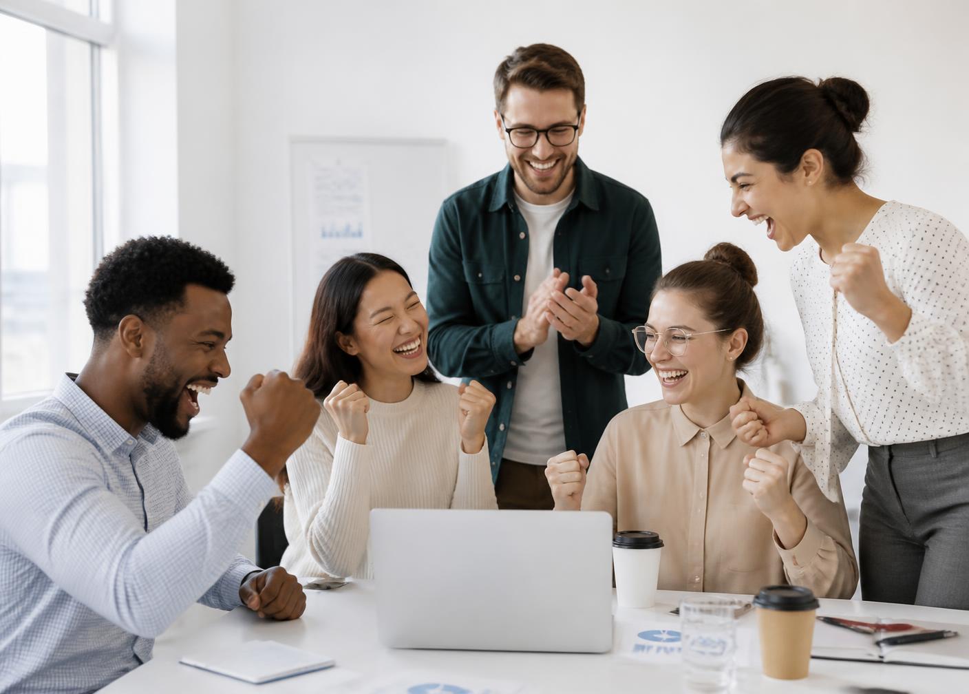 A happy diverse team celebrating together as their press coverage goes live